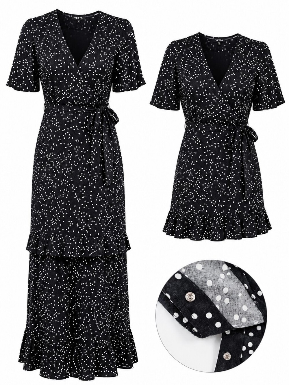 VETTA Capsule Tiered Wrap Dress Convertible XS Black Polka Dot Tencel Midi Mini